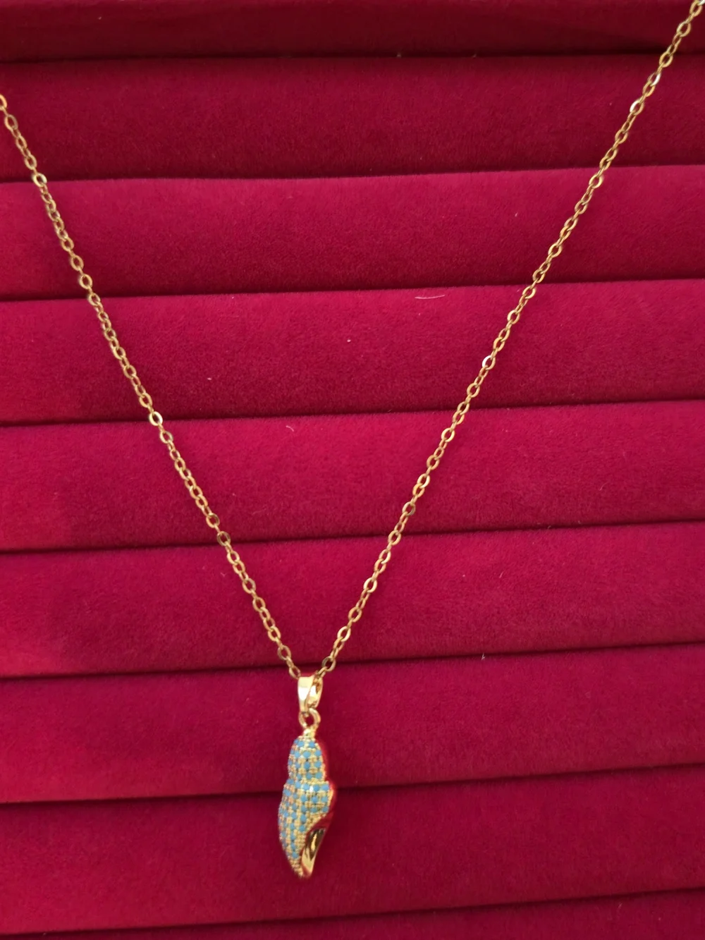 18K Gold Plated Necklace with Blue Pavé Shell Charm Summer Jewelry B003
